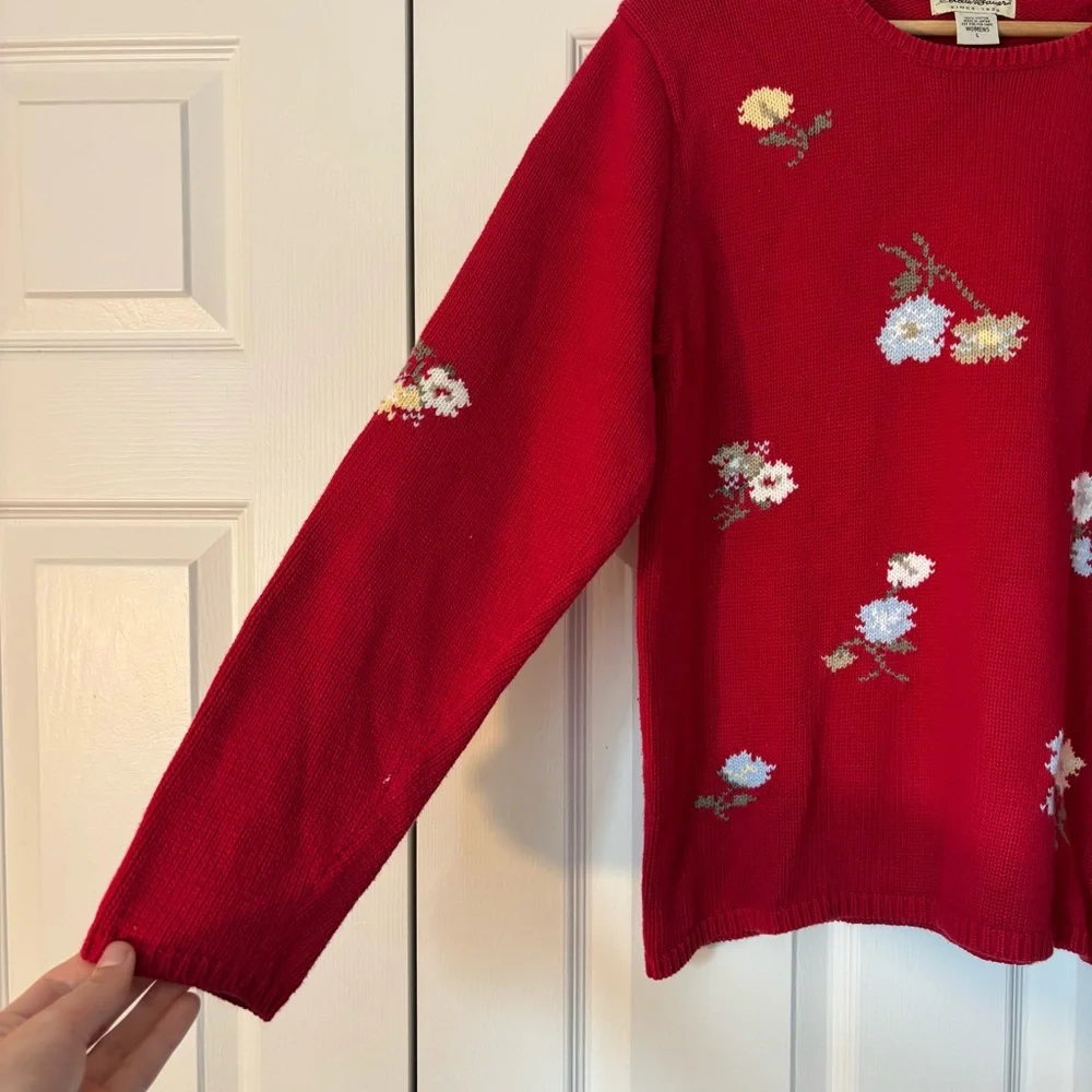 Vintage Eddie Bauer Red Floral Cotton Embroidered Sweater Preppy Granny Cottage - Picture 4 of 7